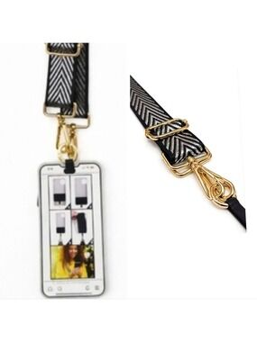 Black & Silver Chevron Crossbody Phone Lanyard Or Bag Strap Gold Hardware - New